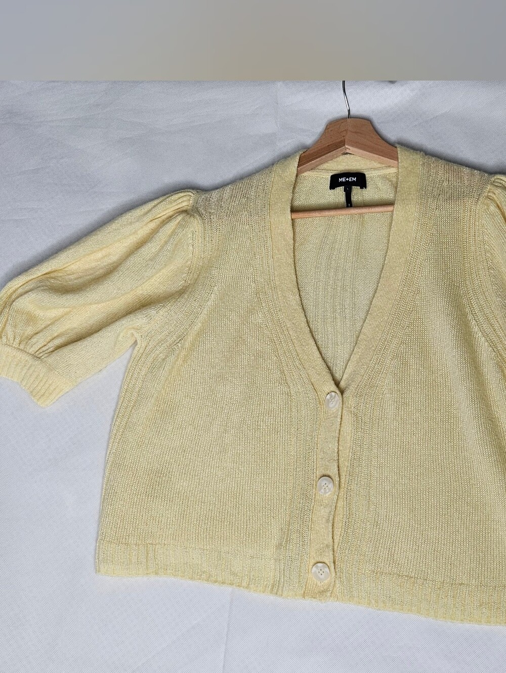 ME+EM Women's Merino Cashmere Silk Cardigan Short Puffed Sleeves Size L Yellow